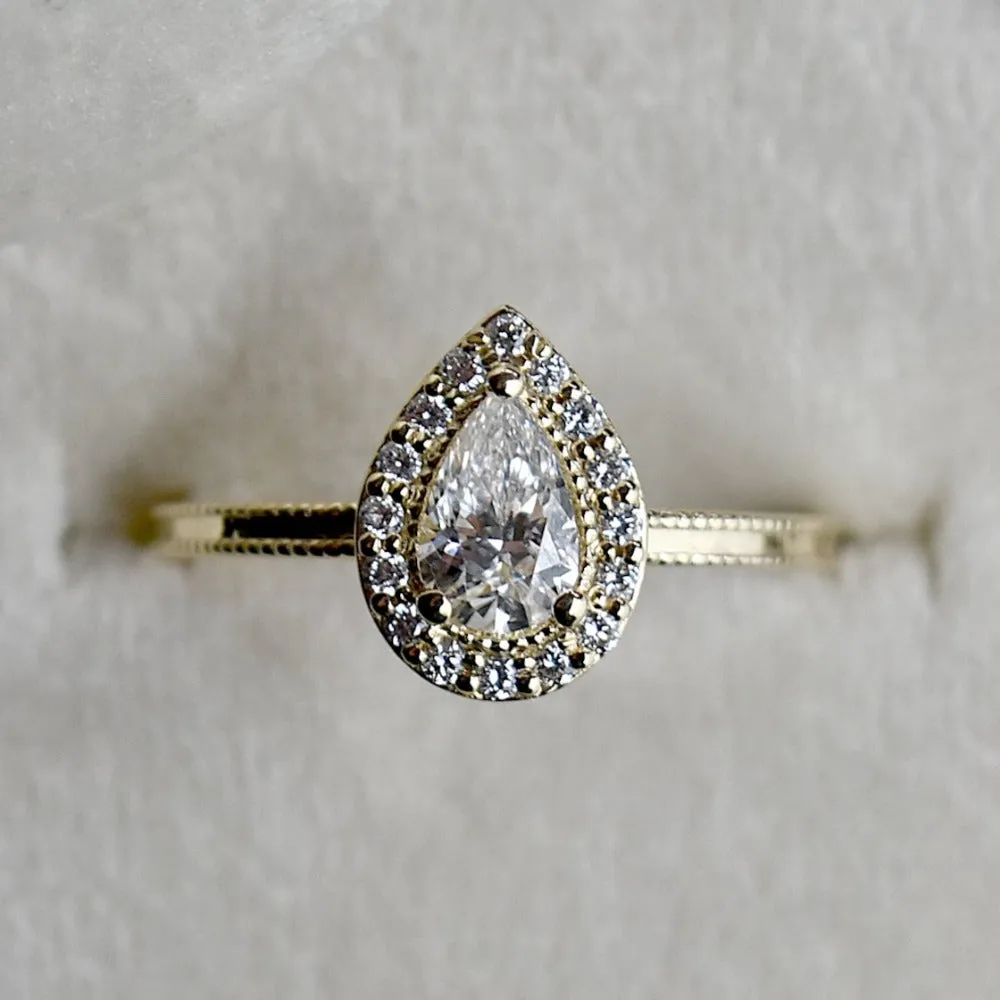 0.44ct Lab-Grown Pear-Shaped Diamond Halo Engagement Ring with Milgrain Band