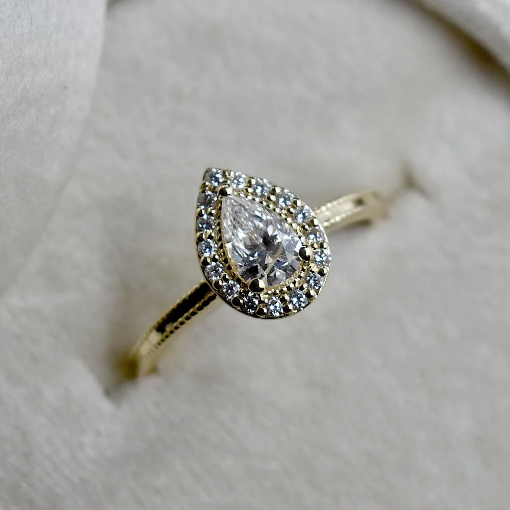 0.44ct Lab-Grown Pear-Shaped Diamond Halo Engagement Ring with Milgrain Band