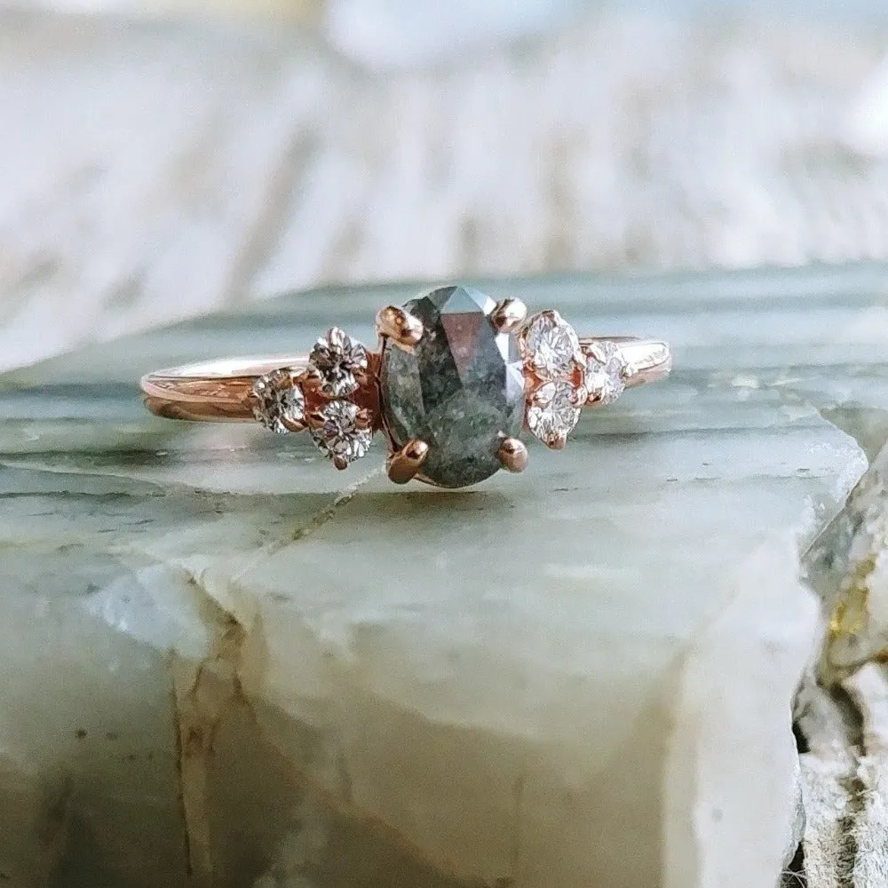 14k Gold .95ct Oval Rose Cut Salt & Pepper Diamond Ring