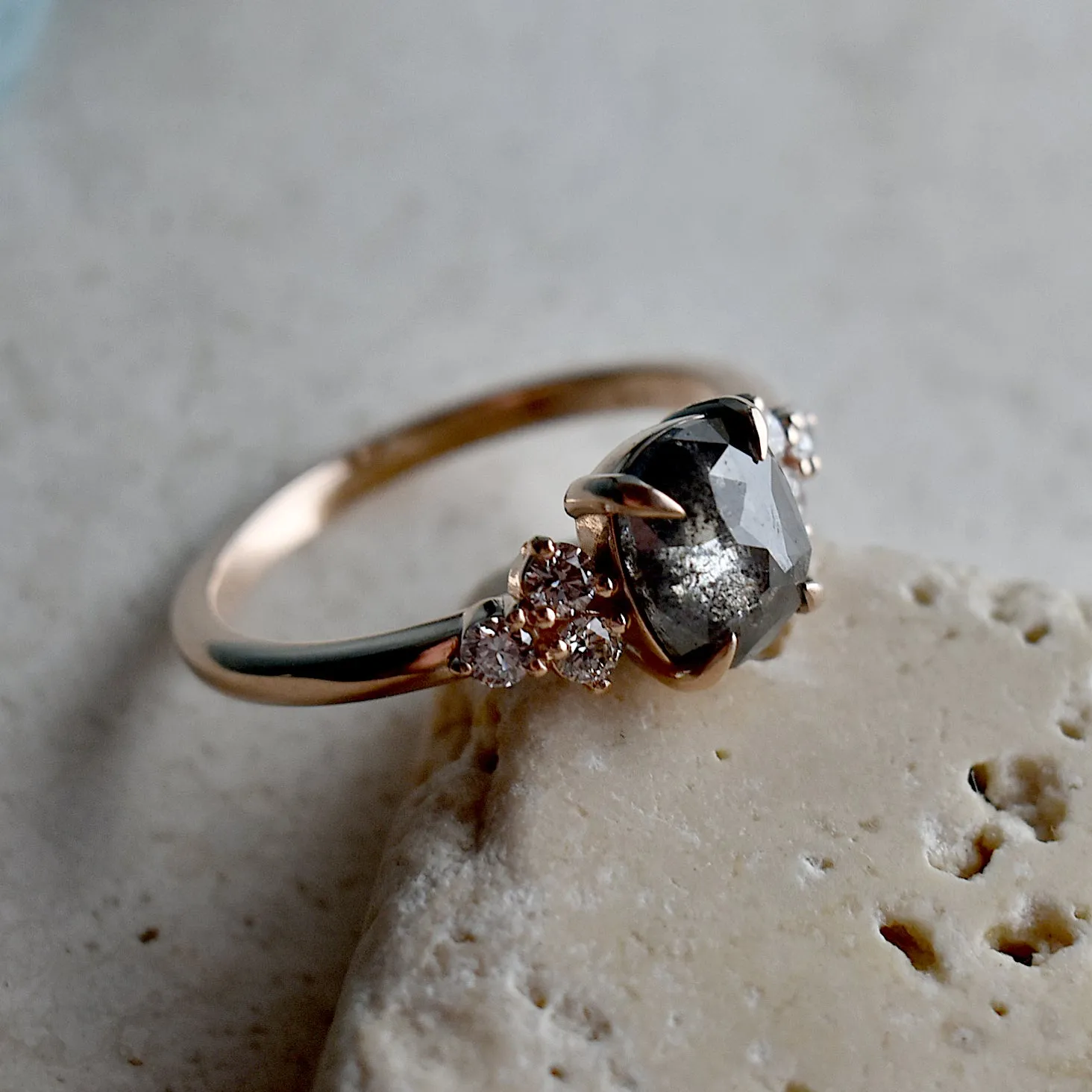 14k Gold .95ct Oval Rose Cut Salt & Pepper Diamond Ring