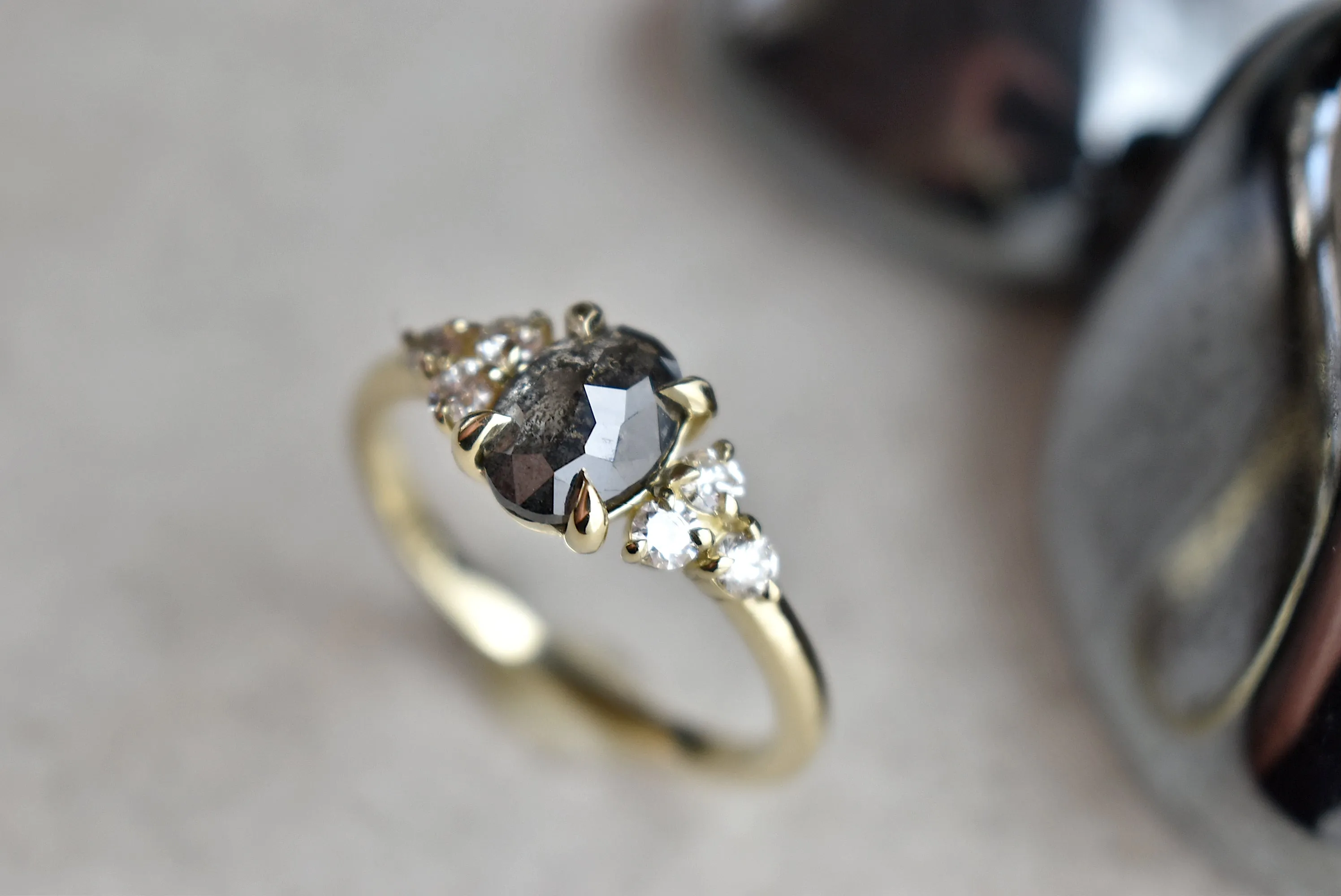 14k Gold .95ct Oval Rose Cut Salt & Pepper Diamond Ring