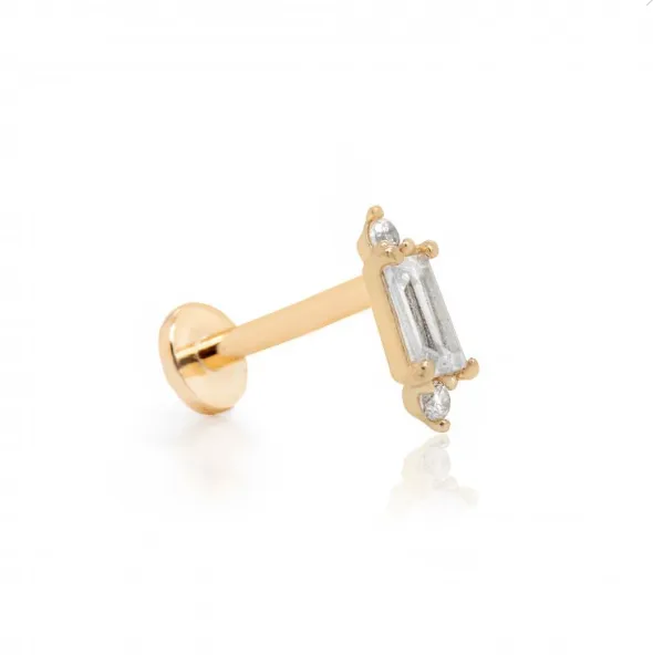 14k Gold Baguette CZ Flat Screwback Single Stud