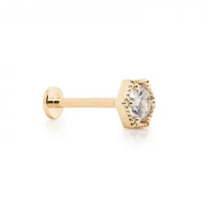 14k Gold Hexagon CZ Flat Screwback Single Stud