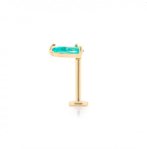 14K Gold Pear-Cut Green CZ Flat Screwback Single Stud