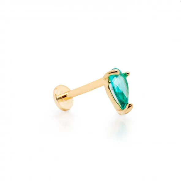 14K Gold Pear-Cut Green CZ Flat Screwback Single Stud