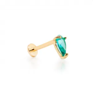 14K Gold Pear-Cut Green CZ Flat Screwback Single Stud