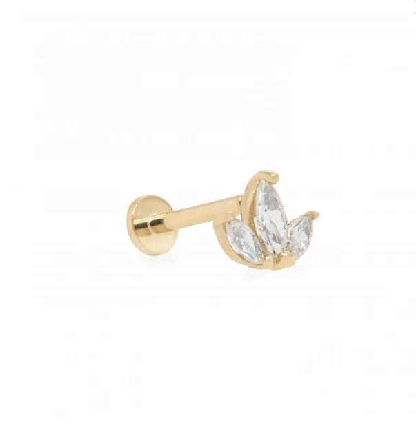 14k Gold Triple Marquise-Cut CZ Flat Screwback Single Stud