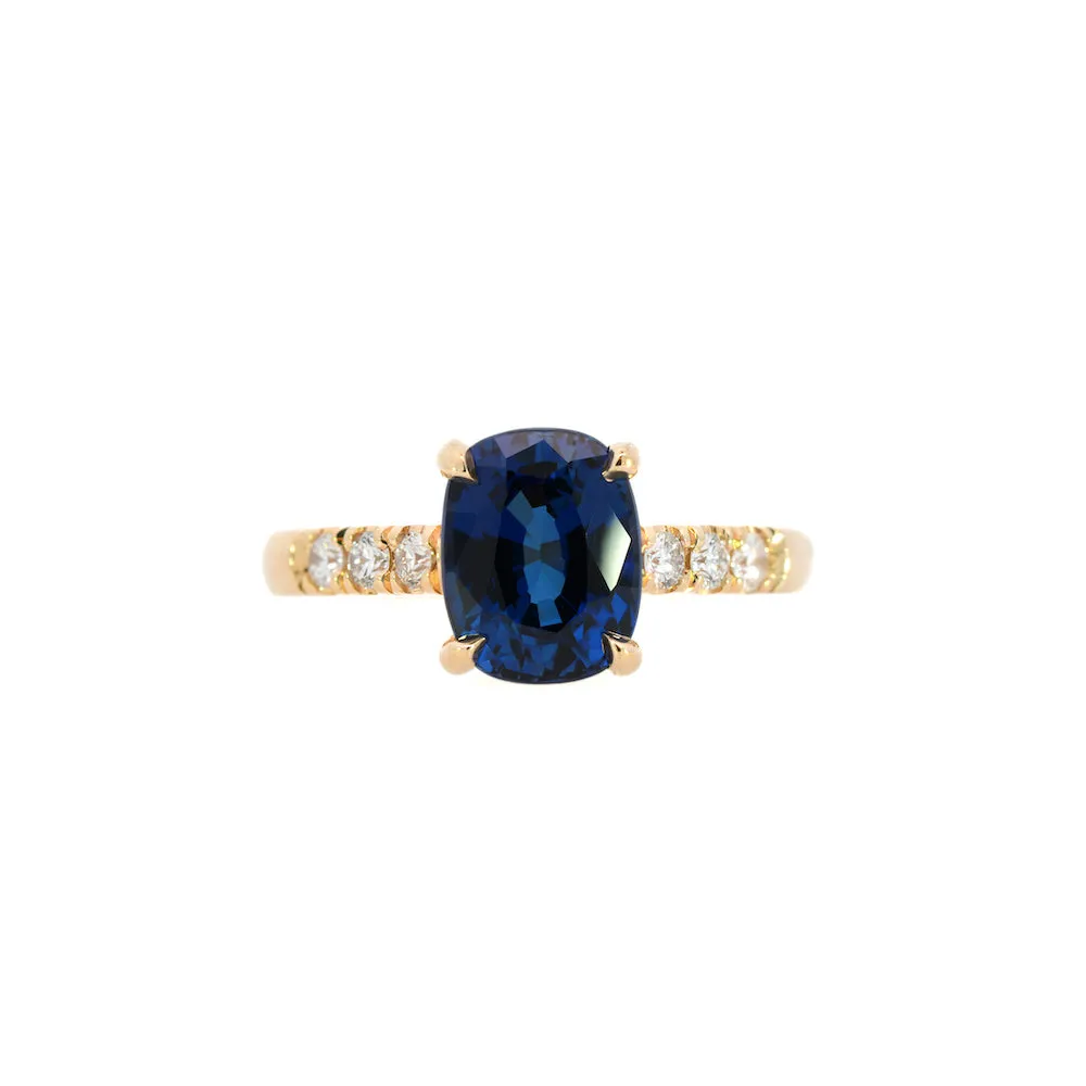 14k Yellow Gold 3.01ct Blue Cushion Cut Lab Sapphire and Diamond Ring