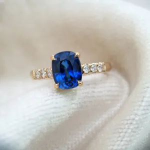 14k Yellow Gold 3.01ct Blue Cushion Cut Lab Sapphire and Diamond Ring