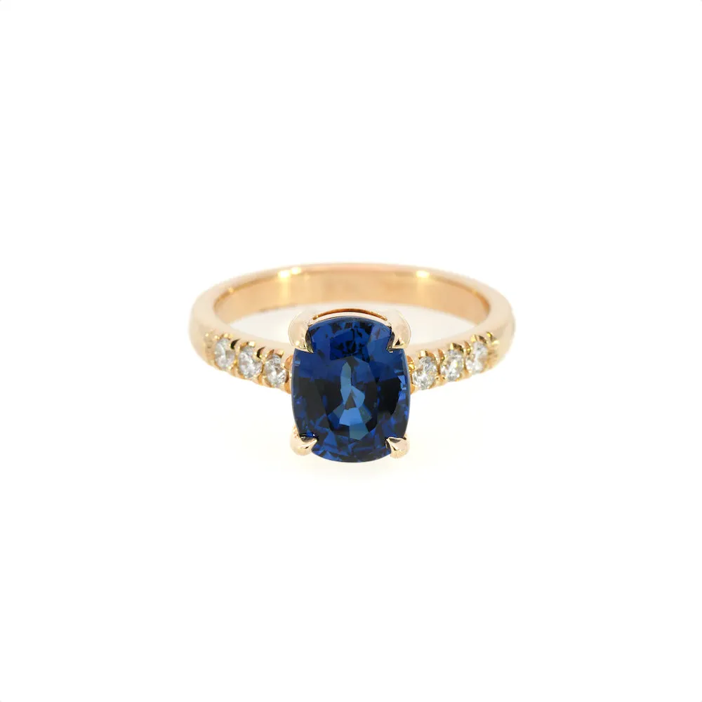 14k Yellow Gold 3.01ct Blue Cushion Cut Lab Sapphire and Diamond Ring