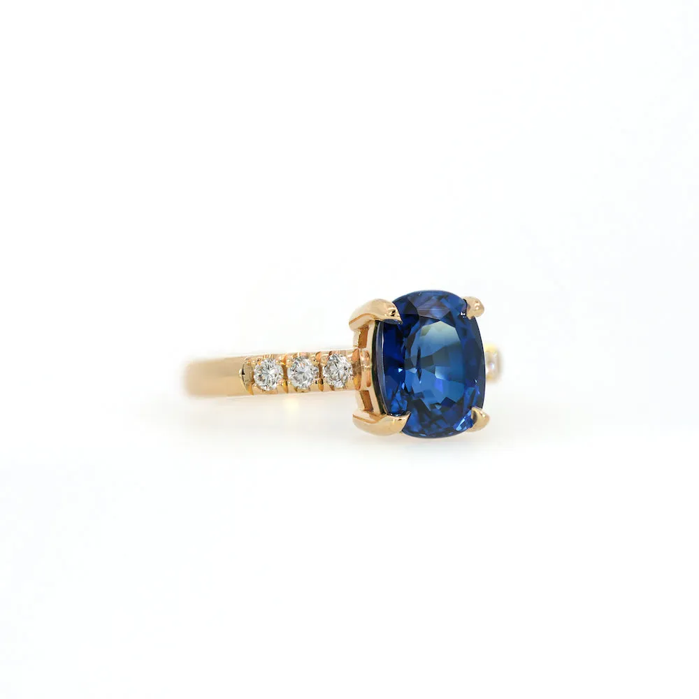 14k Yellow Gold 3.01ct Blue Cushion Cut Lab Sapphire and Diamond Ring
