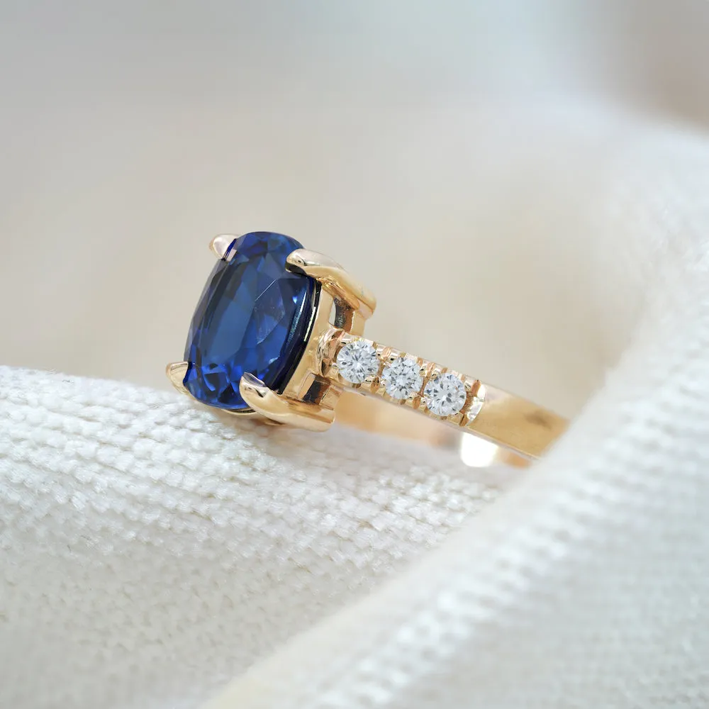 14k Yellow Gold 3.01ct Blue Cushion Cut Lab Sapphire and Diamond Ring