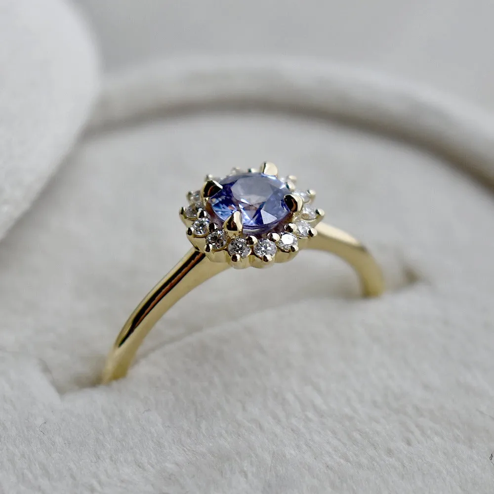 14k Yellow Gold Purple Sapphire Halo Engagement Ring