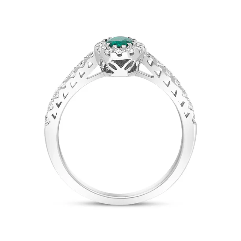 18ct White Gold 0.40ct Emerald Diamond Shoulder Set Halo Ring
