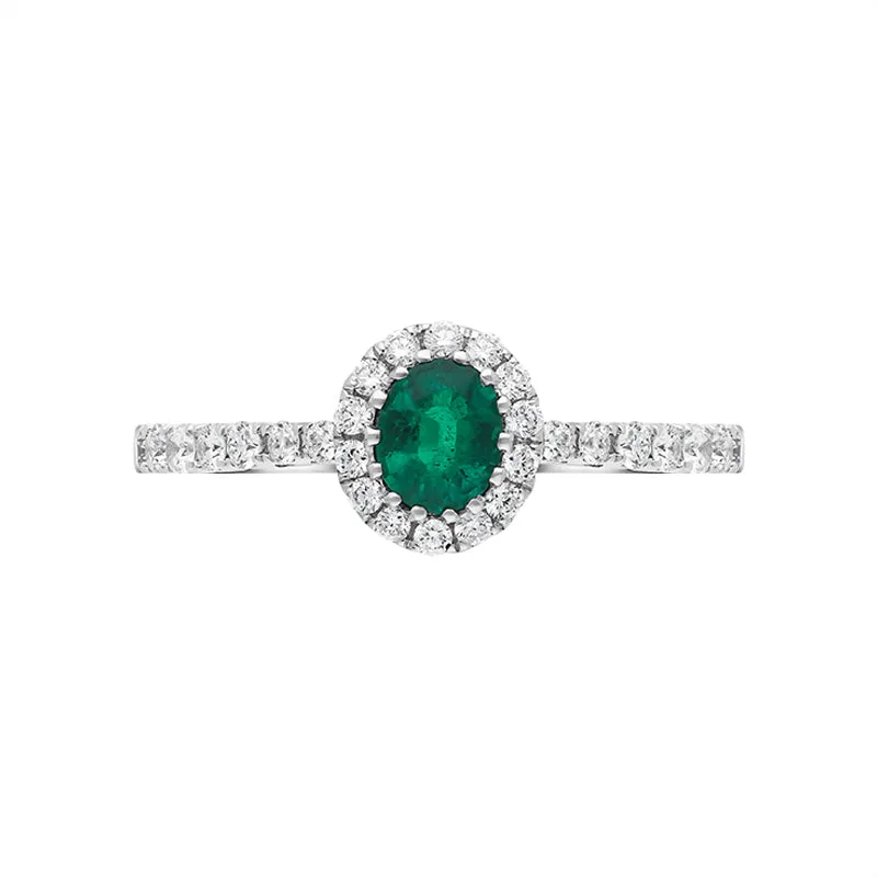 18ct White Gold 0.40ct Emerald Diamond Shoulder Set Halo Ring
