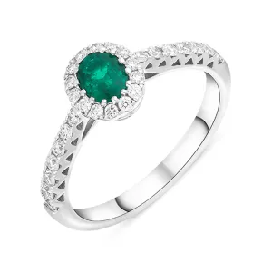 18ct White Gold 0.40ct Emerald Diamond Shoulder Set Halo Ring