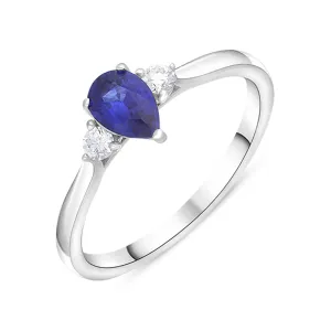 18ct White Gold 0.50ct Sapphire Diamond Round Brilliant and Pear Cut Three Stone Ring