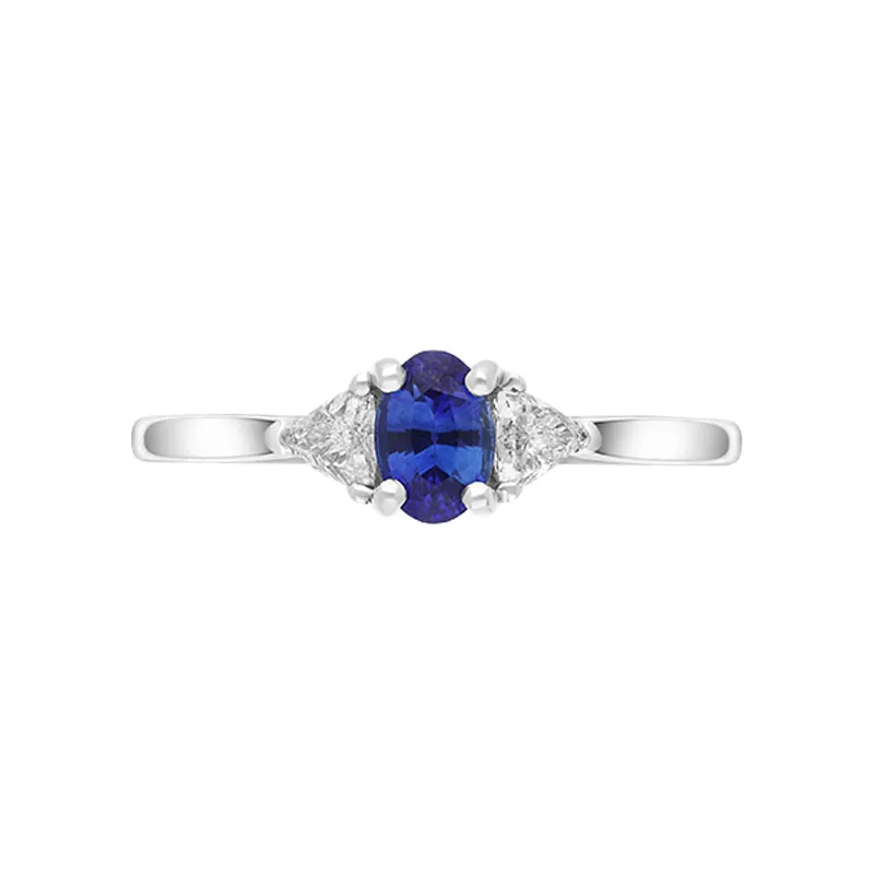 18ct White Gold 0.60ct Sapphire Diamond Oval and Trilliant Cut Three Stone Ring