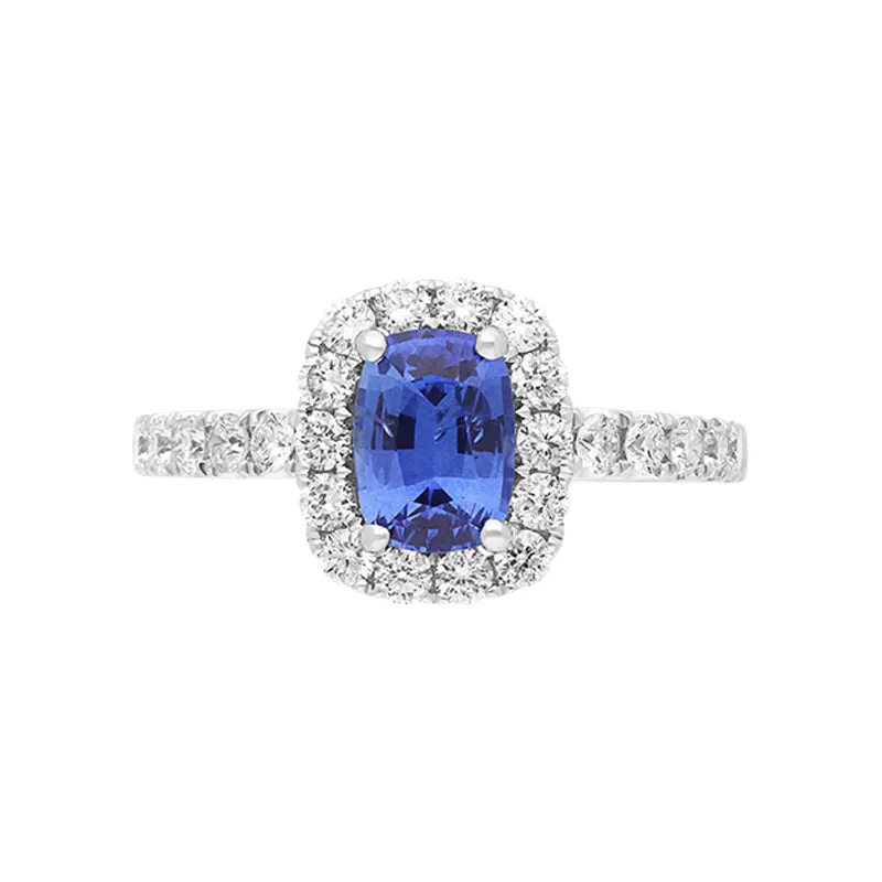 18ct White Gold 0.65ct Sapphire Diamond Halo Shoulder Set Ring