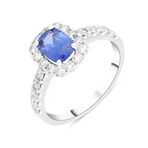 18ct White Gold 0.65ct Sapphire Diamond Halo Shoulder Set Ring