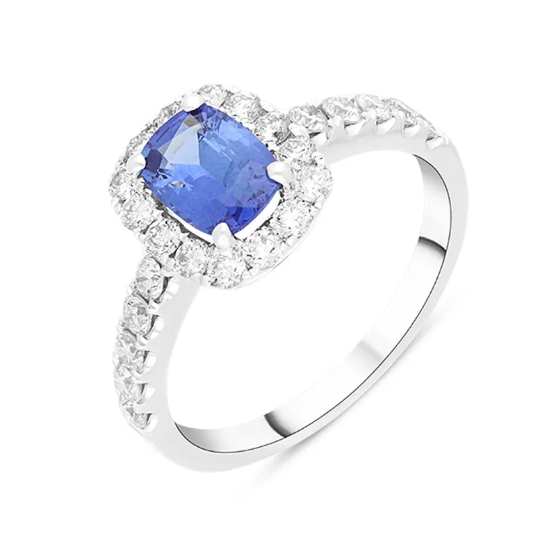 18ct White Gold 0.65ct Sapphire Diamond Halo Shoulder Set Ring