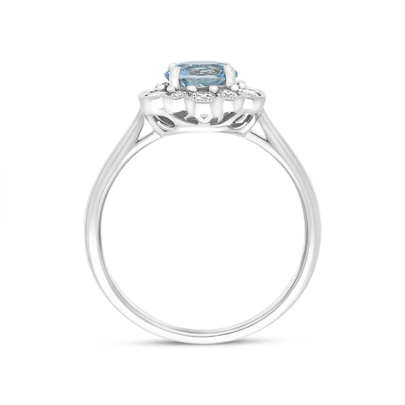 18ct White Gold 0.72ct Aquamarine Diamond Halo Ring