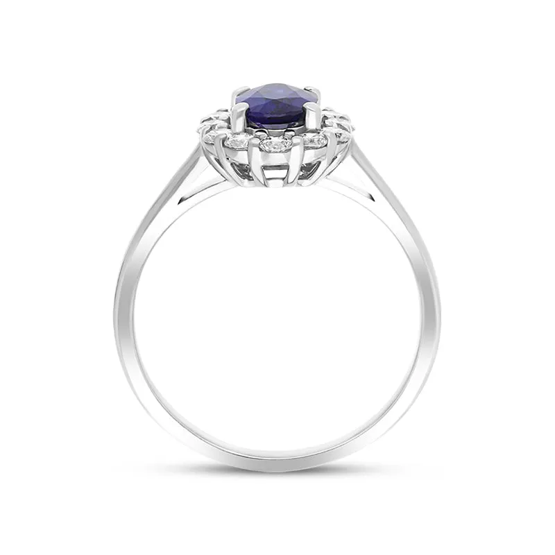 18ct White Gold 0.75ct Sapphire Diamond Halo Ring