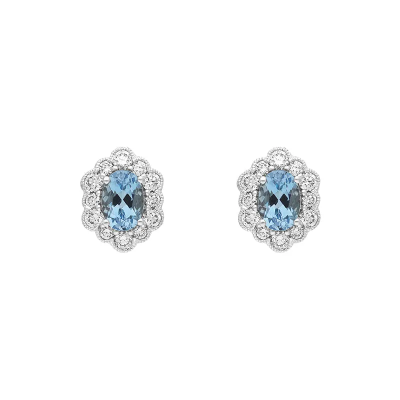 18ct White Gold 0.78ct Aquamarine Diamond Oval Cluster Stud Earrings