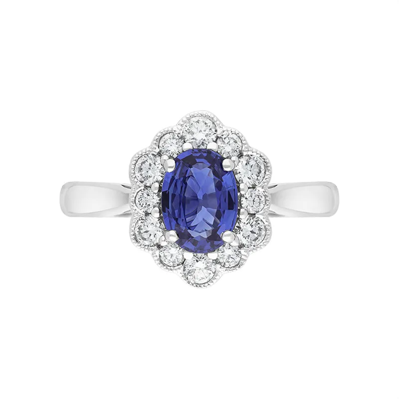 18ct White Gold 0.80ct Sapphire Diamond Oval Cluster Halo Ring