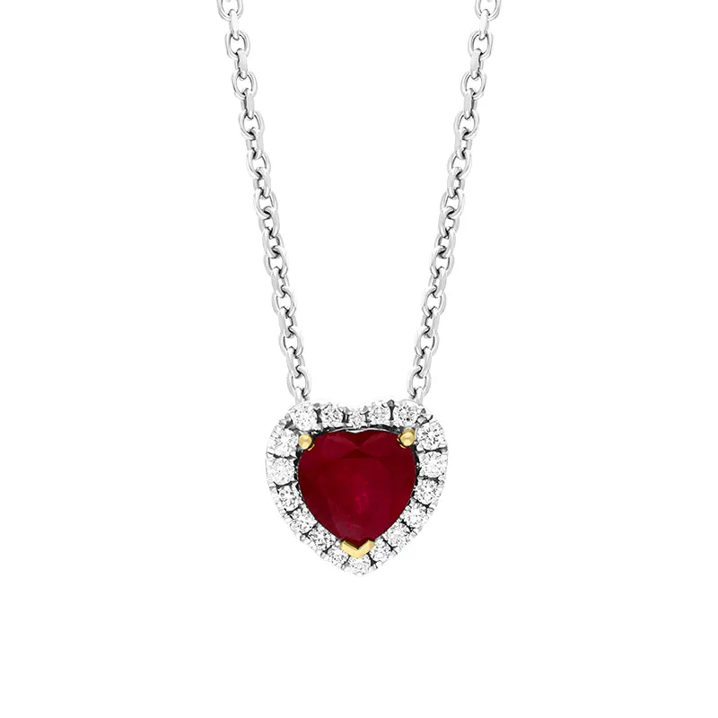 18ct White Gold 0.94ct Ruby Diamond Heart Cluster Pendant