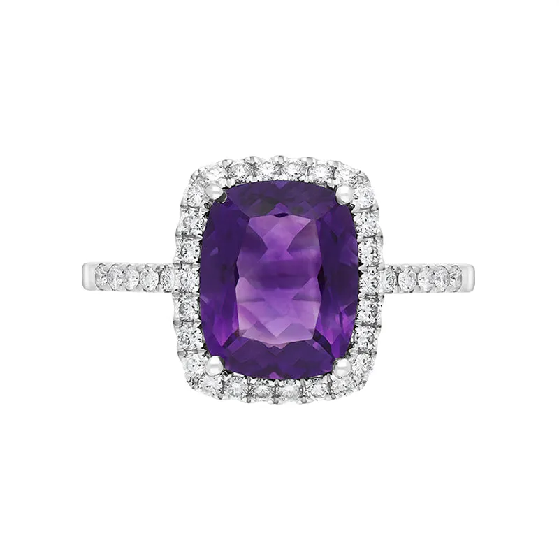 18ct White Gold 2.58ct Amethyst Diamond Shoulder Set Halo Ring