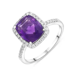 18ct White Gold 2.58ct Amethyst Diamond Shoulder Set Halo Ring
