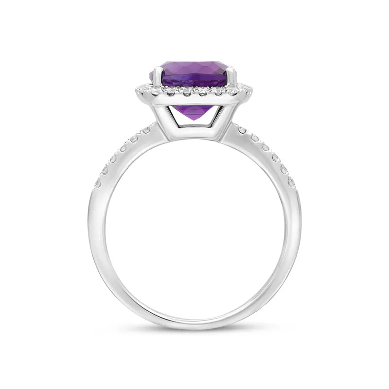 18ct White Gold 2.58ct Amethyst Diamond Shoulder Set Halo Ring