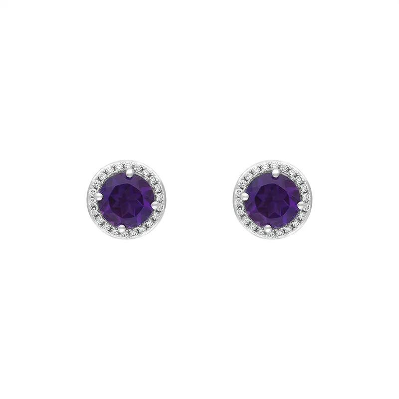 18ct White Gold Amethyst Diamond Cluster Round Stud Earrings