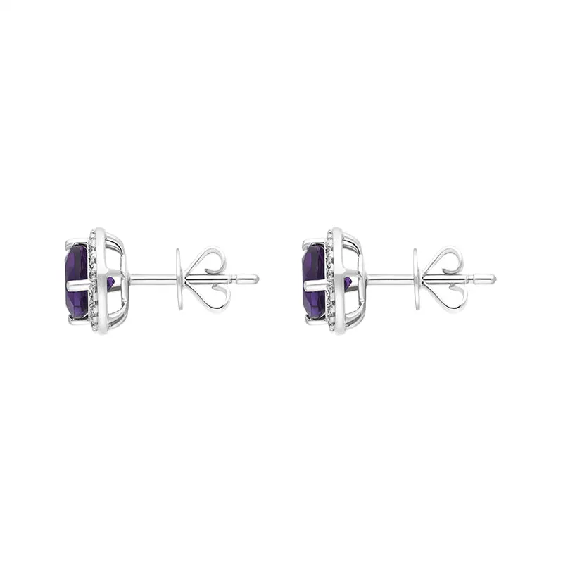 18ct White Gold Amethyst Diamond Cluster Round Stud Earrings