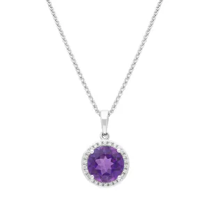 18ct White Gold Amethyst Diamond Round Cluster Pendant