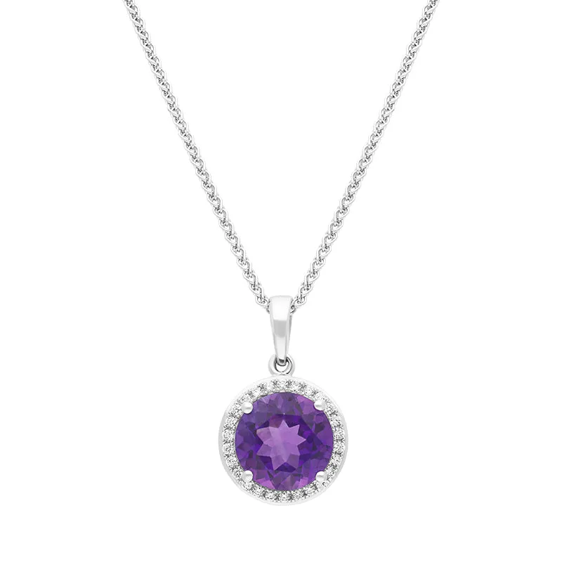 18ct White Gold Amethyst Diamond Round Cluster Pendant