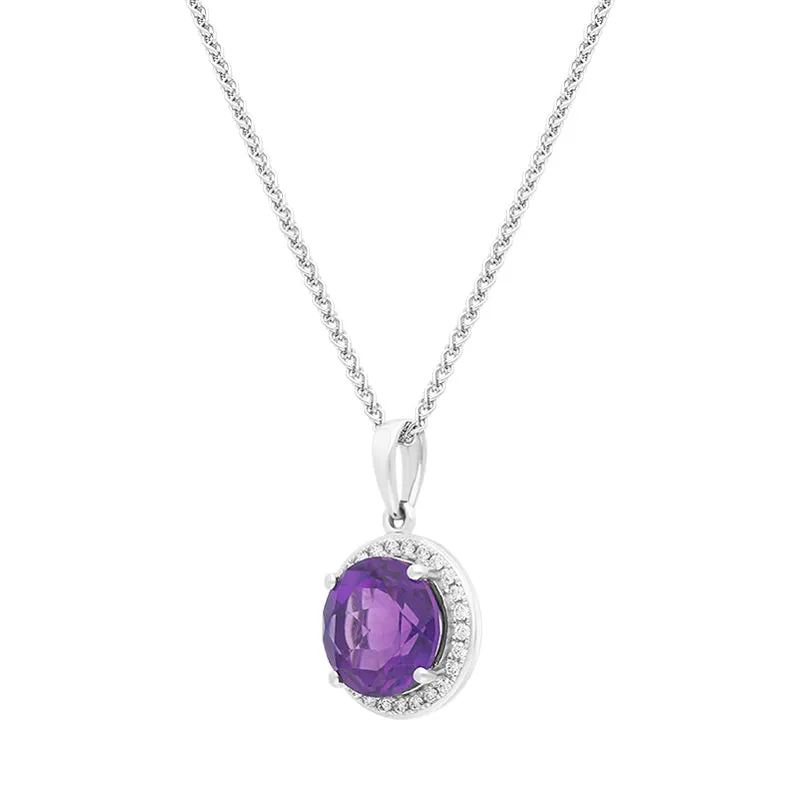18ct White Gold Amethyst Diamond Round Cluster Pendant