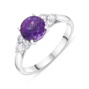 18ct White Gold Amethyst Diamond Round Cut Cluster Ring