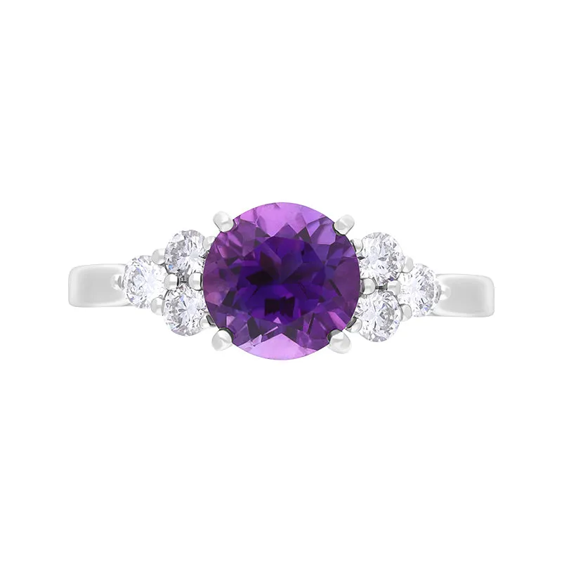 18ct White Gold Amethyst Diamond Round Cut Cluster Ring