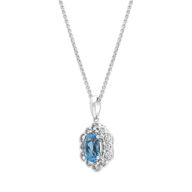 18ct White Gold Aquamarine Diamond Cluster Oval Pendant
