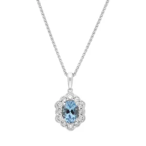 18ct White Gold Aquamarine Diamond Cluster Oval Pendant