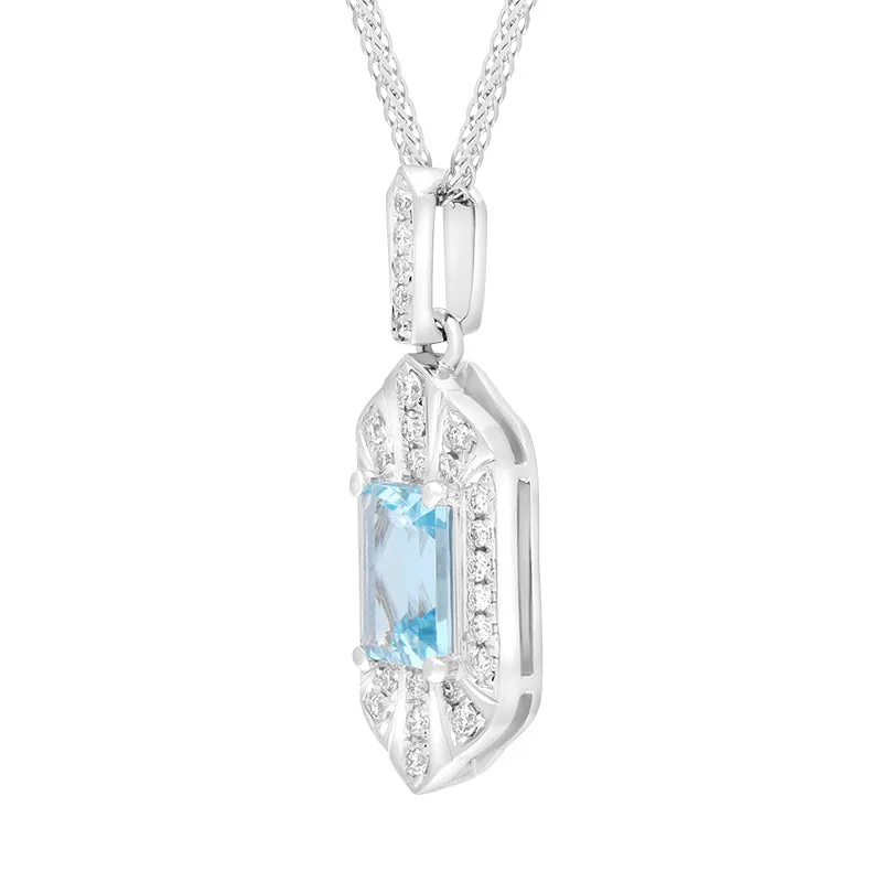 18ct White Gold Aquamarine Diamond Emerald Cut Cluster Pendant