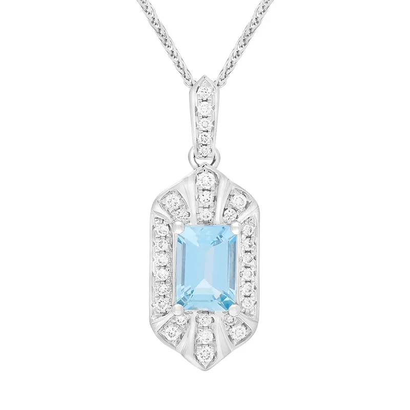 18ct White Gold Aquamarine Diamond Emerald Cut Cluster Pendant