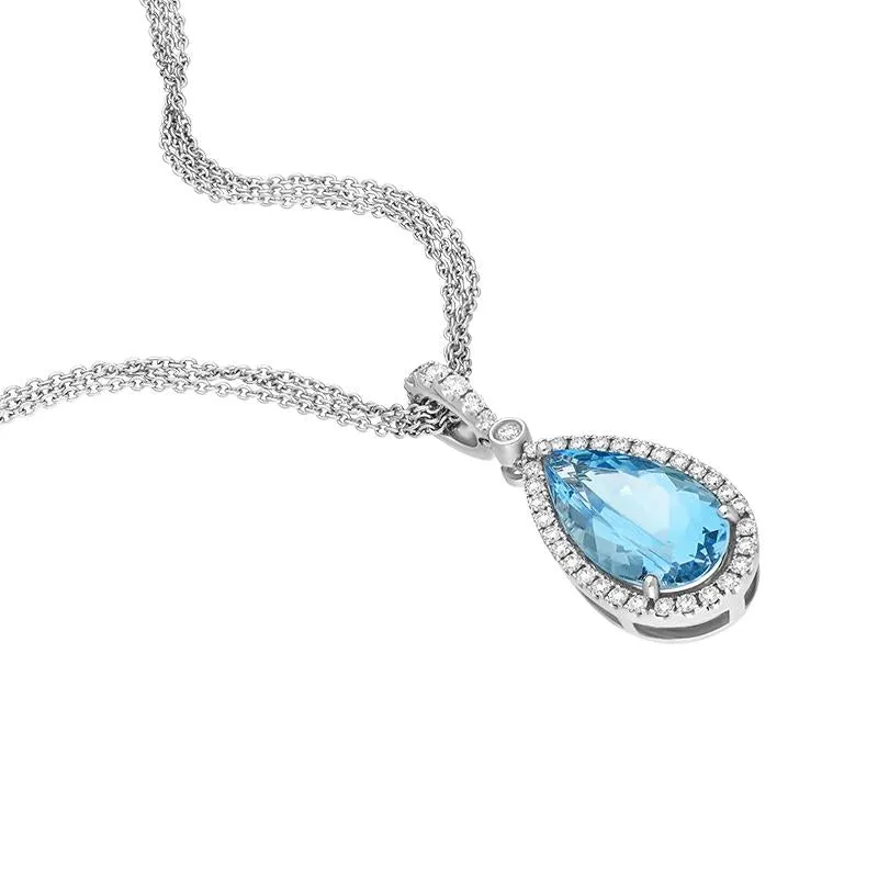 18ct White Gold Aquamarine Diamond Pear Cut Halo Necklace