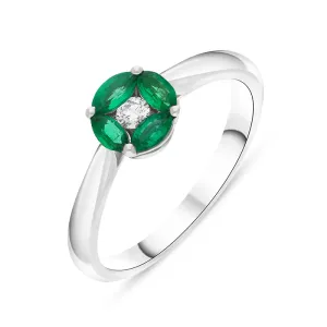 18ct White Gold Emerald Diamond Marquise Stone Round Cluster Ring
