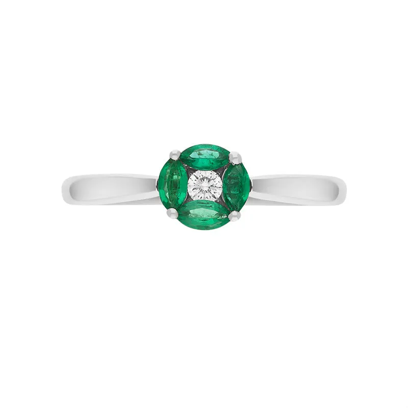 18ct White Gold Emerald Diamond Marquise Stone Round Cluster Ring