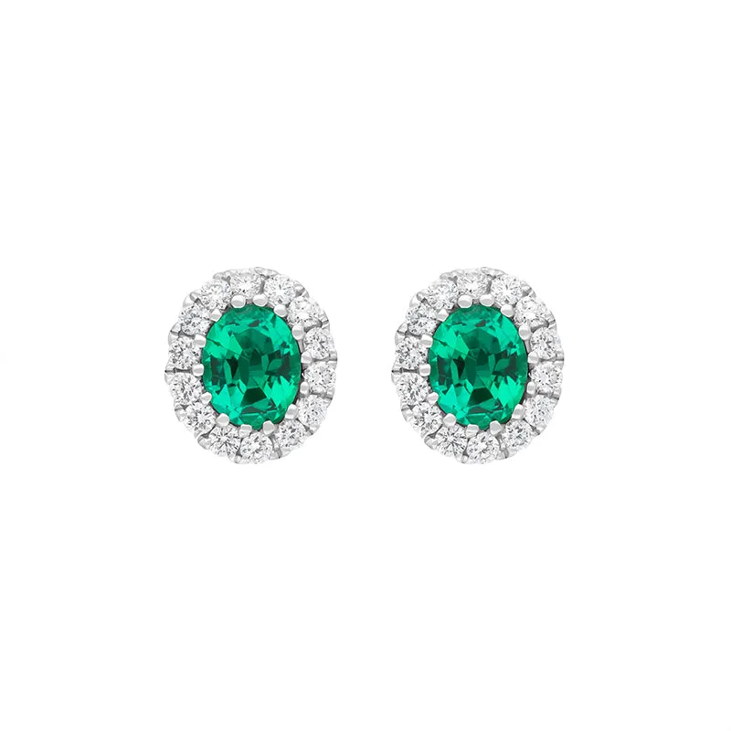 18ct White Gold Emerald Diamond Oval Cluster Stud Earrings