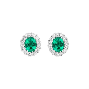18ct White Gold Emerald Diamond Oval Cluster Stud Earrings