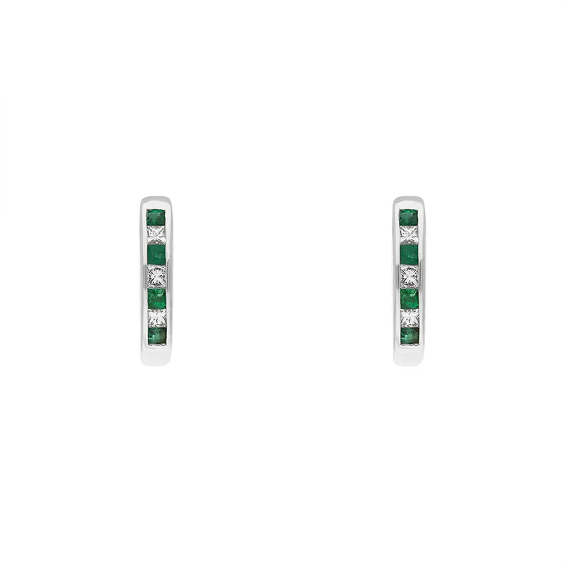 18ct White Gold Emerald Diamond Princess Cut Hoop Earrings